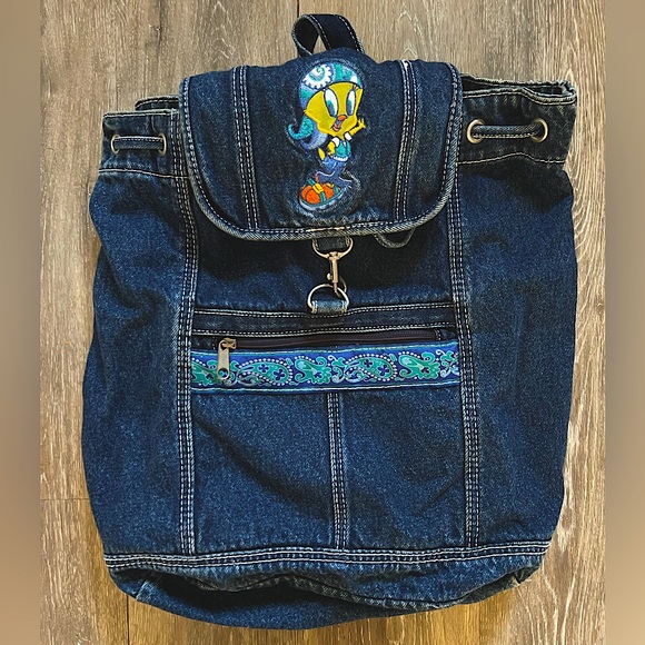 Retro Vintage Looney Toons Tweety Bird Denim Paisley Backpack Purse Like NEW! - Picture 1 of 1